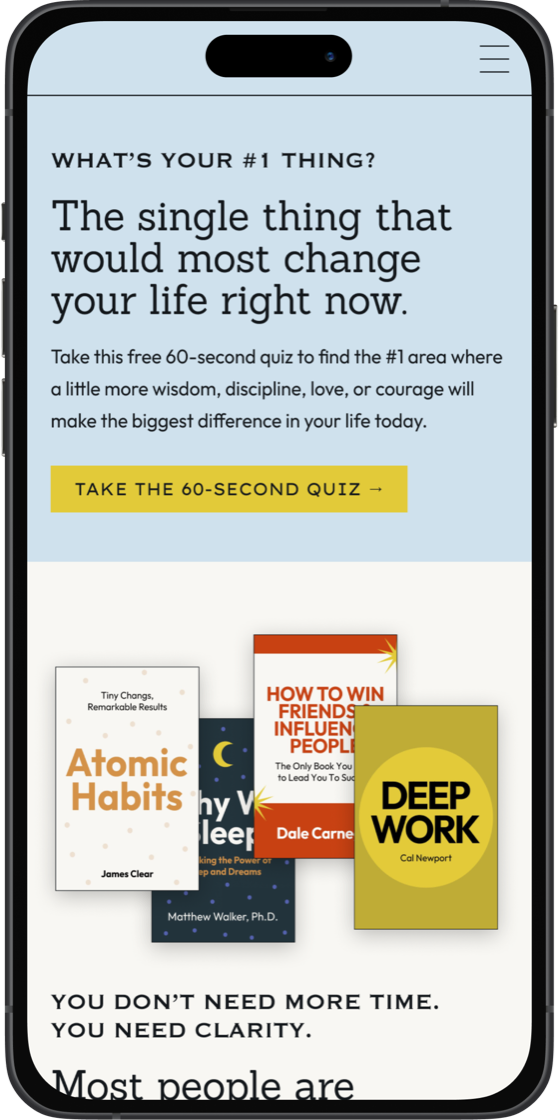 The Philosopher’s Notes quiz on a phone: What’s your #1 thing? The single thing that would most change your life right now. Take the 60-second quiz.